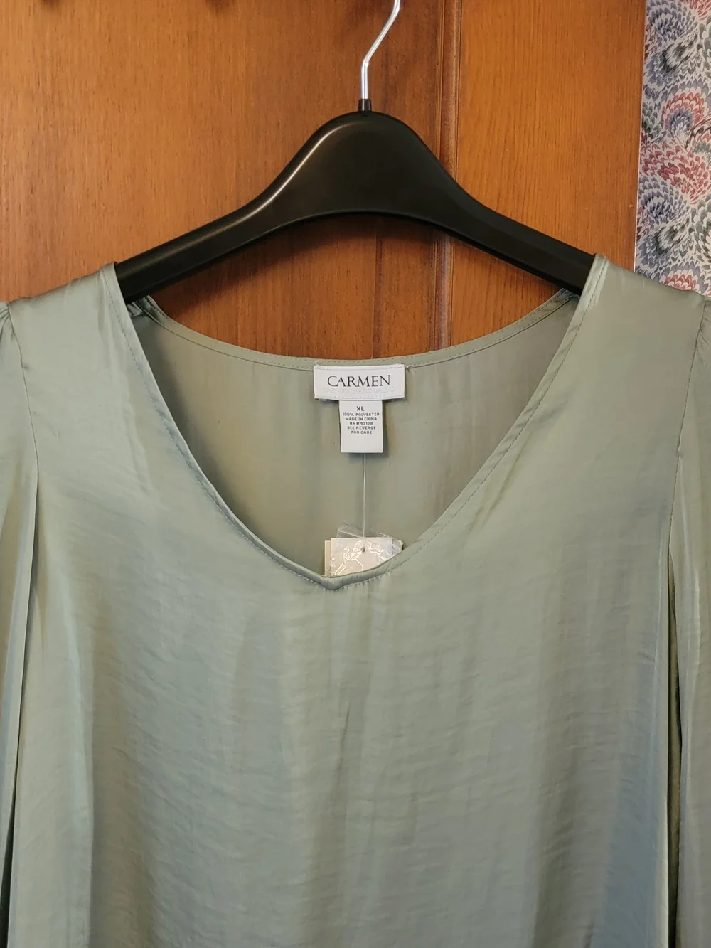 NWT Carmen Womens XL Sage Green Silky V-Neck Long Sleeve Blouse Top - Picture 3 of 16